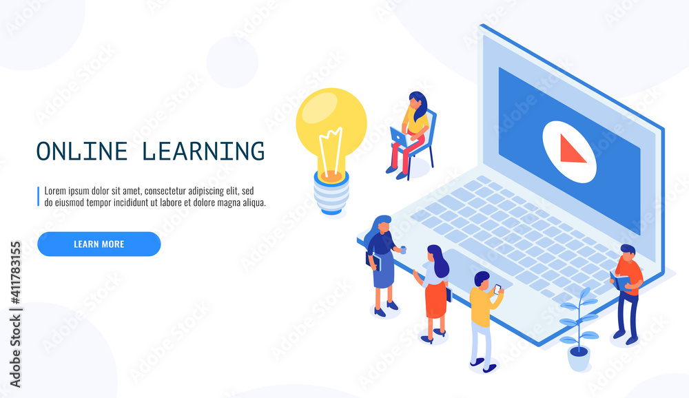 Online education. Workplace with video on laptop and tiny people. Isometric web banner. Vector illustration. Online education. Workplace with video on laptop and tiny people. Isometric web banner. Vector illustration.