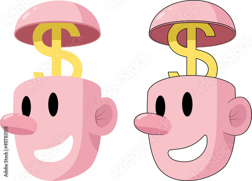 Funny human head with dollar sign isolated vector illustration