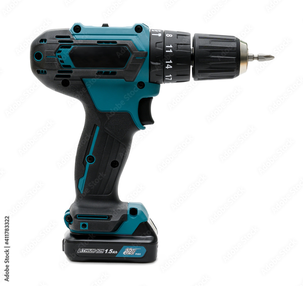 modern powerful cordless screwdriver on white background