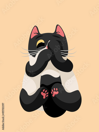 Scared funny cartoon black and white cat isolated vector illustration