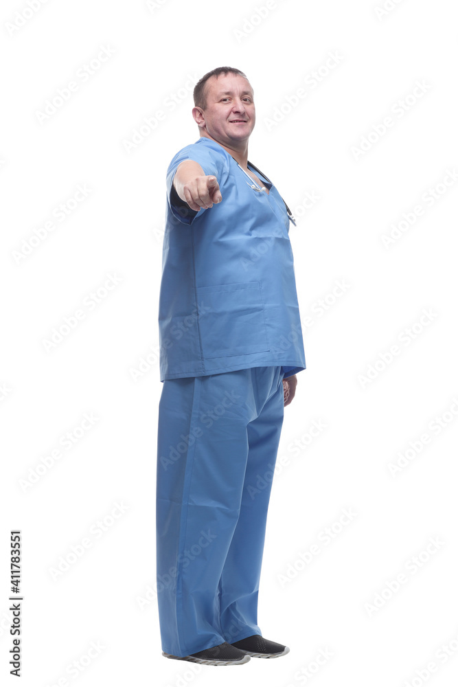 competent mature paramedic looking at you. isolated on white background. competent mature paramedic looking at you. isolated on white background.