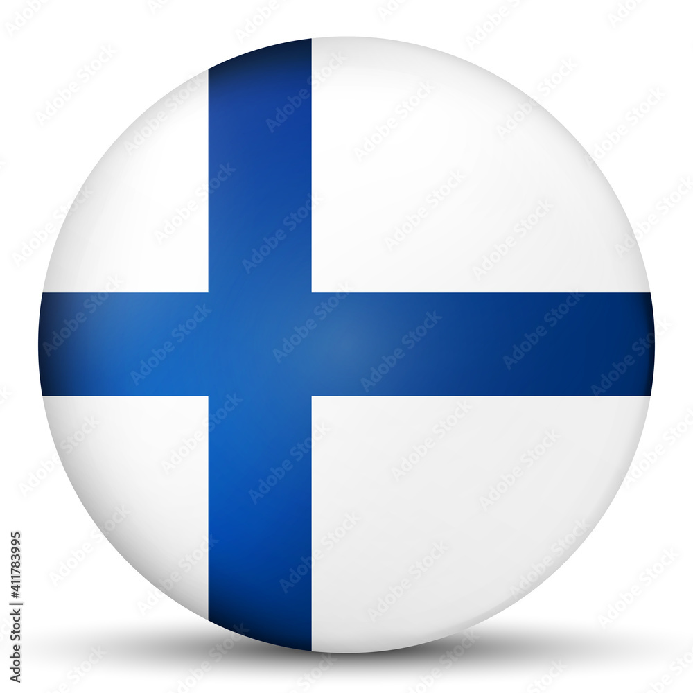 Glass light ball with flag of Finland. Round sphere, template icon. Finnish national symbol. Glossy realistic ball, 3D abstract vector illustration highlighted on a white background. Big bubble. Glass light ball with flag of Finland. Round sphere, template icon. Finnish national symbol. Glossy realistic ball, 3D abstract vector illustration highlighted on a white background. Big bubble.