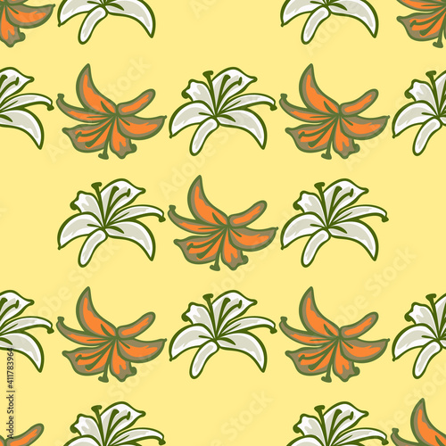 Lily floral seamless pattern design, flowers on yellow background for web and print.