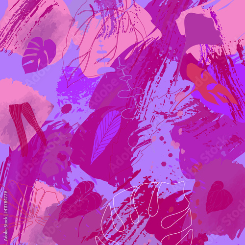 Tropical leaves and plants background. Monstera leaf pattern. Textured artistic background for textile, web design, postcard, banner, poster,  advertisment