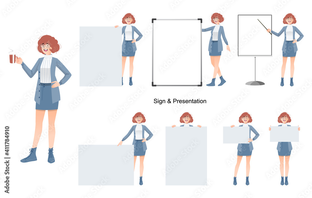 Business Woman character in various poses set.vector.