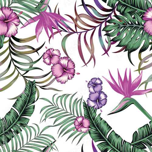 Tropikalne kwiaty liście palmowe hibiskus rajski ptak bez szwu wektor wzór kwiatowy dżungla bujne liście projekt biały deseń