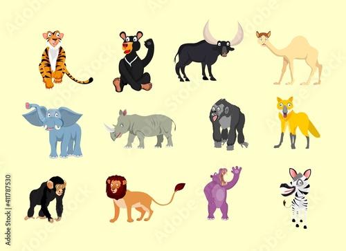 Fototapeta Naklejka Na Ścianę i Meble -  Funny Cartzebra, elephant, lion, africa, mammal, character, silhouette, giraffe, african, hippopotamus, predator, hippo, gorilla, chimpanzee, drawing, camel, rhino, clip, aroon cute animals set vector