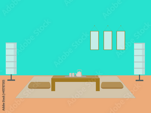 Chinese living room interior with wooden table , Seat cushion and Tea set. Traditional Japanese Room Interior with 3 parts hanging picture and Floor lamp. on Blue sky and orange background. -vector 