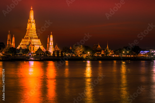 Wat Arun in twilight, It is spectacular,This is an important landmark and a famous tourist destination at bangkok in thailand. © bangprik