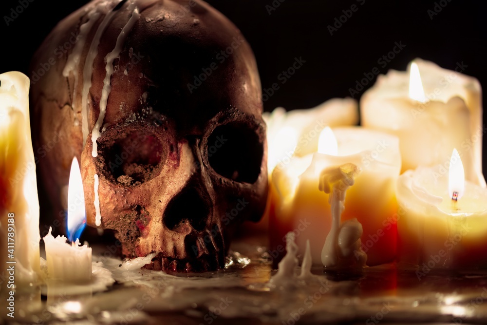 Human skull against dark background in candle light closeup Human skull against dark background in candle light closeup