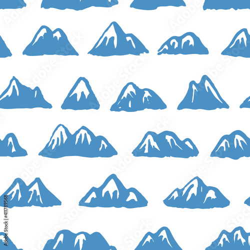 Seamless Pattern Hand Drawn Paint Mountain Isolated. Vector Illustration Ski Resort Logo. Drawing Camping Element Winter Landscape