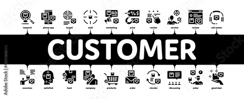 Buyer Customer Journey Minimal Infographic Web Banner Vector. Customer Research And Want Buy Goods, Online Shopping App And Order Delivery, Support And Review Black Illustration