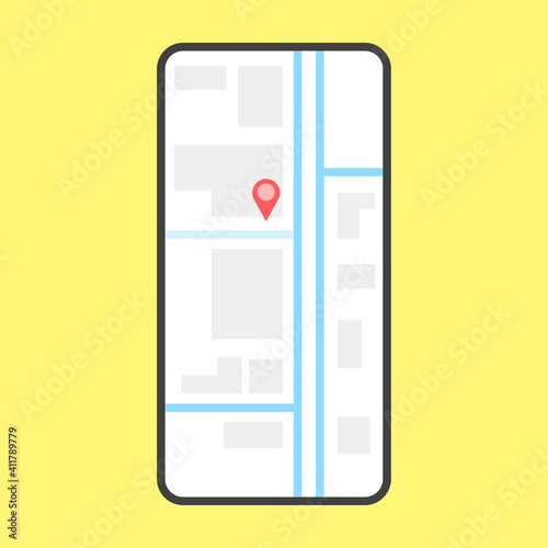 Mobile app page layout GPS Navigation. Lite detailed smartphone with city map, checkpoint and taxi route. Vector on a yellow background