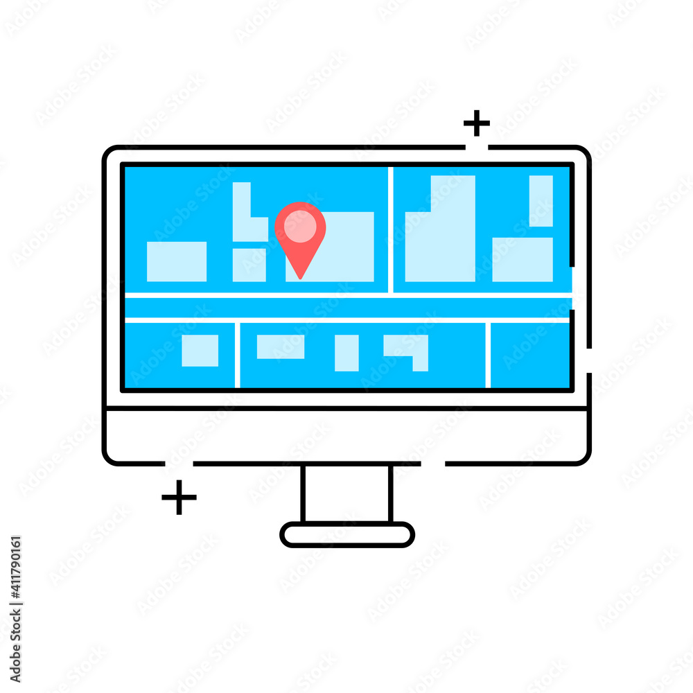 Icon desktop app with page GPS Navigation. Desktop with city map, checkpoint and taxi route. Vector on a yellow background