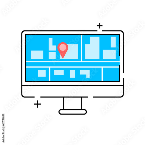 Icon desktop app with page GPS Navigation. Desktop with city map, checkpoint and taxi route. Vector on a yellow background
