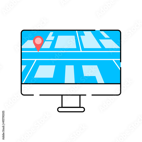 Icon desktop app with page GPS Navigation. Desktop with city map, checkpoint and taxi route. Vector on a yellow background