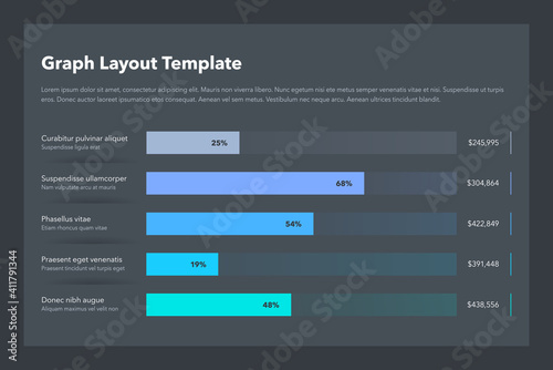 Statistics column horizontal graph layout template with place for your content - dark version. Flat design, easy to use for your website or presentation.