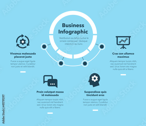 Simple concept for business diagram with four steps and place for your description - blue version. Flat infographic design template for website or presentation.