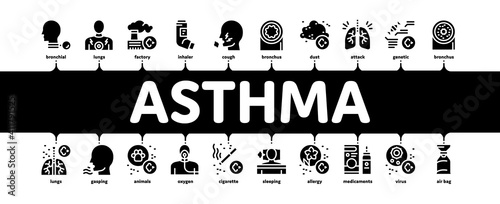 Asthma Sick Allergen Minimal Infographic Web Banner Vector. Asthma Allergy On Animal And Smoke, Flowers, Factory Smog And Dust, Medical Tool And Lungs Black Illustration