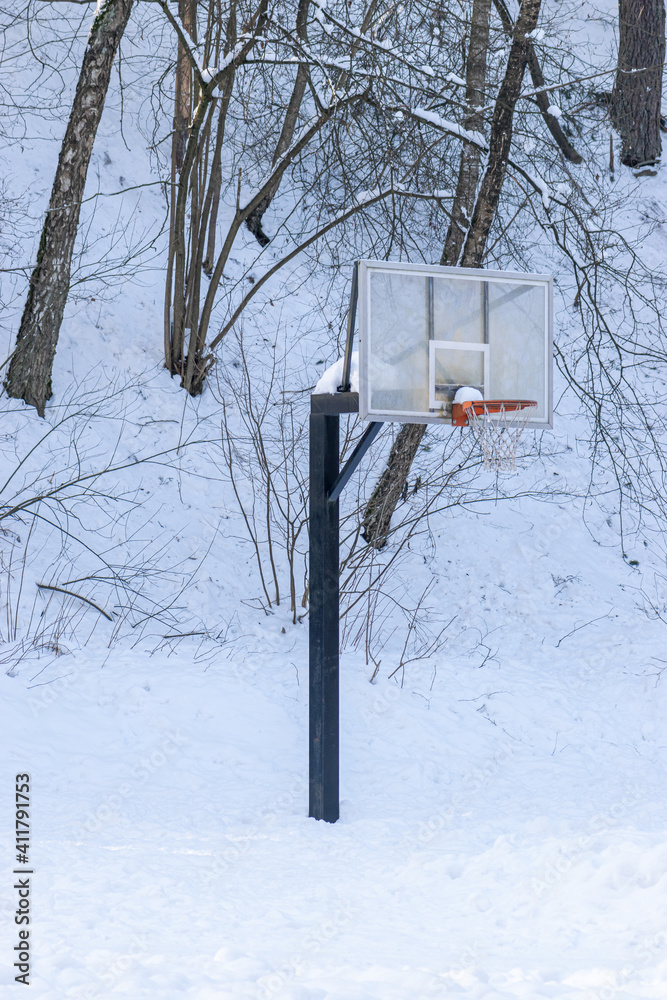 Fototapeta premium Recreation concept. Basketball board covered with snow standing in courts during winter time. Pine and birch tree forest background in winter