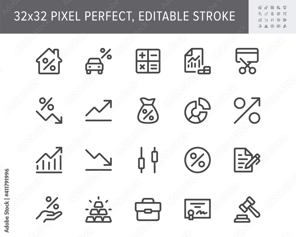 Finance investment simple line icons. Vector illustration with minimal icon - briefcase, portfolio, certificate, gold bar, mortgage, quotes, car loan pictogram. 32x32 Pixel Perfect Editable Stroke Finance investment simple line icons. Vector illustration with minimal icon - briefcase, portfolio, certificate, gold bar, mortgage, quotes, car loan pictogram. 32x32 Pixel Perfect Editable Stroke