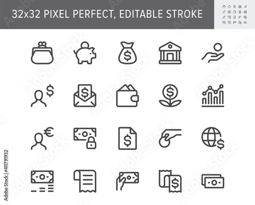 Finance savings simple line icons. Vector illustration with minimal icon - piggy bank, banknote bundle, wallet, investor person, cash, insurance, globe pictogram. 32x32 Pixel Perfect Editable Stroke