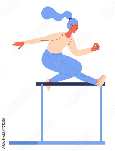 Woman jumps while hurdling training isolated on white. Vector sport character with long hair