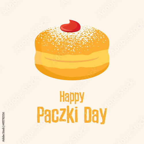 Happy Paczki Day vector. Traditional polish donut with jam and icing sugar vector. Round jelly doughnut with powdered sugar icon vector. Important day