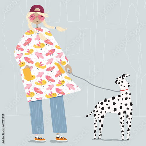 Flat vector illustration of a blonde woman walking with a cute dalmatian dog outdoors on the city street. Poster of a young lady with her adorable puppy. Pretty female walking the pet.