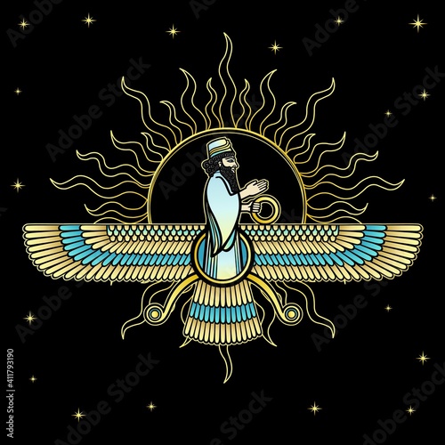 Cartoon color drawing: Image of  prophet Farvahar.  Vector illustration isolated on a black background.