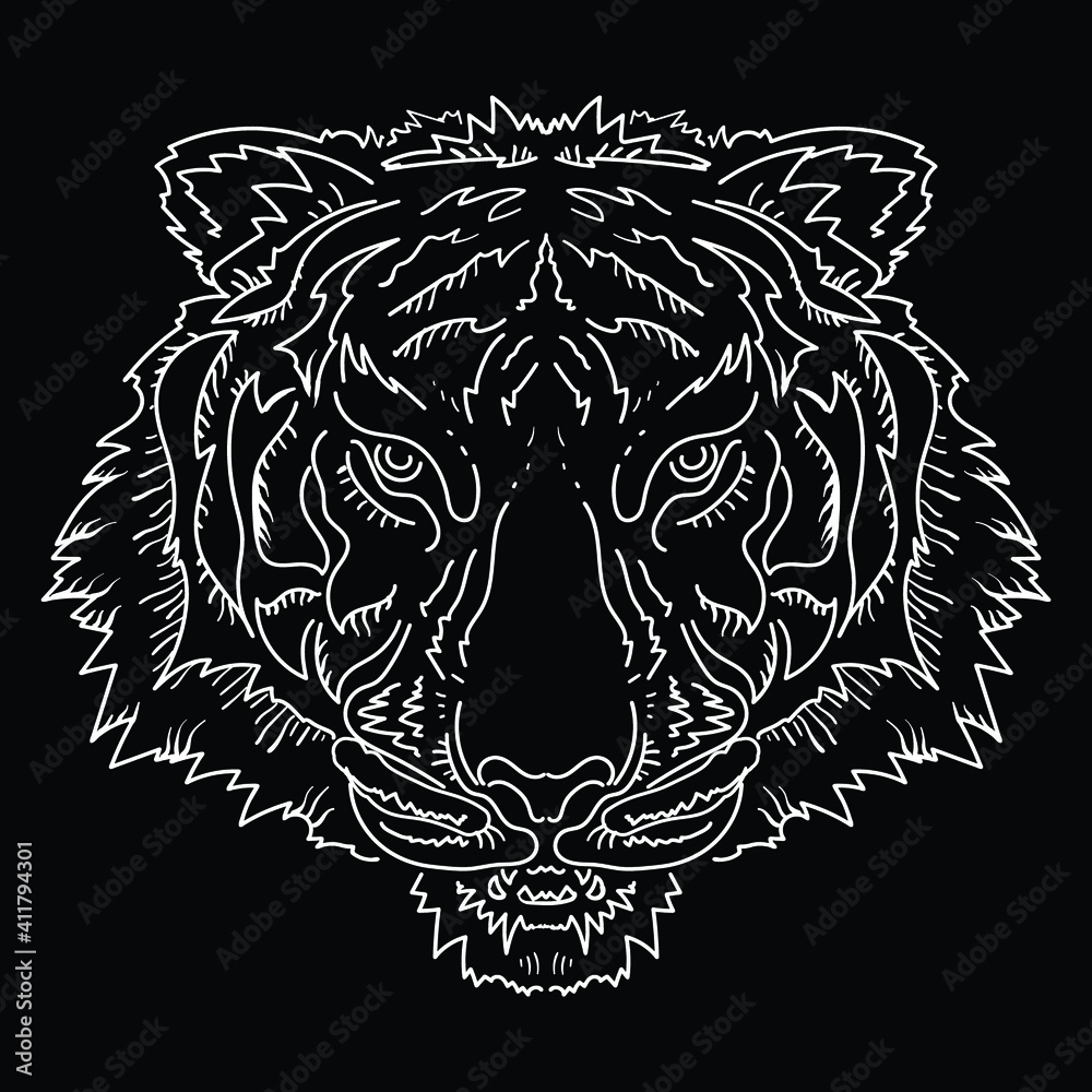 The Vector logo tiger for tattoo or T-shirt design or outwear. Hunting style big cat print on black background. This hand drawing is for black fabric or canvas. The Vector logo tiger for tattoo or T-shirt design or outwear. Hunting style big cat print on black background. This hand drawing is for black fabric or canvas.