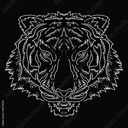 The Vector logo tiger for tattoo or T-shirt design or outwear.  Hunting style big cat print on black background. This hand drawing is for black fabric or canvas.