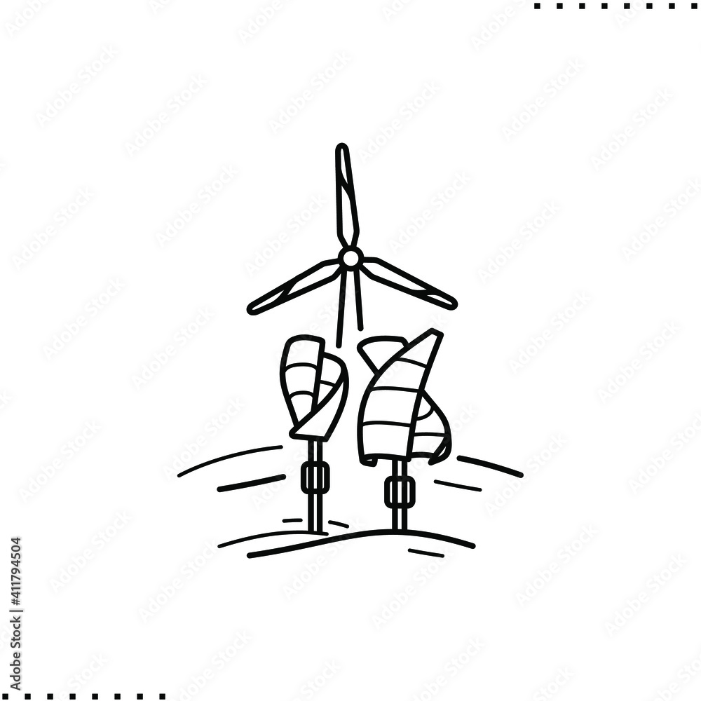 Fototapeta premium Wind microgrid, clean energy production, windmill vector icon in outlines