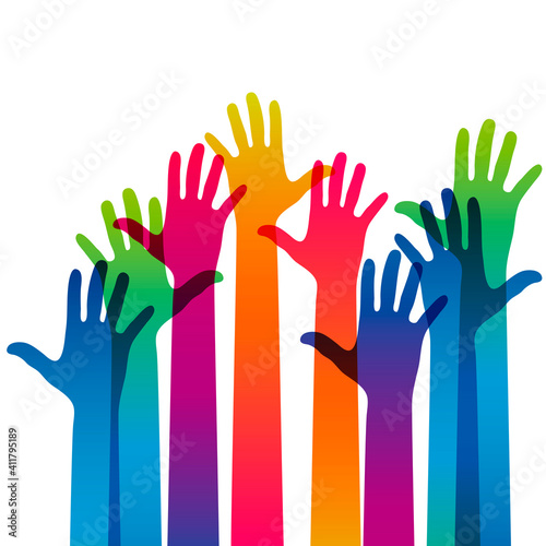 Hands on a light background. Colorful silhouettes arms.  Vector team, help, friendship symbol illustration.