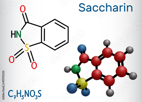 Saccharin molecule. It is artificial sweetener, sweetening agent, xenobiotic and environmental contaminant. Structural chemical formula and molecule model photo