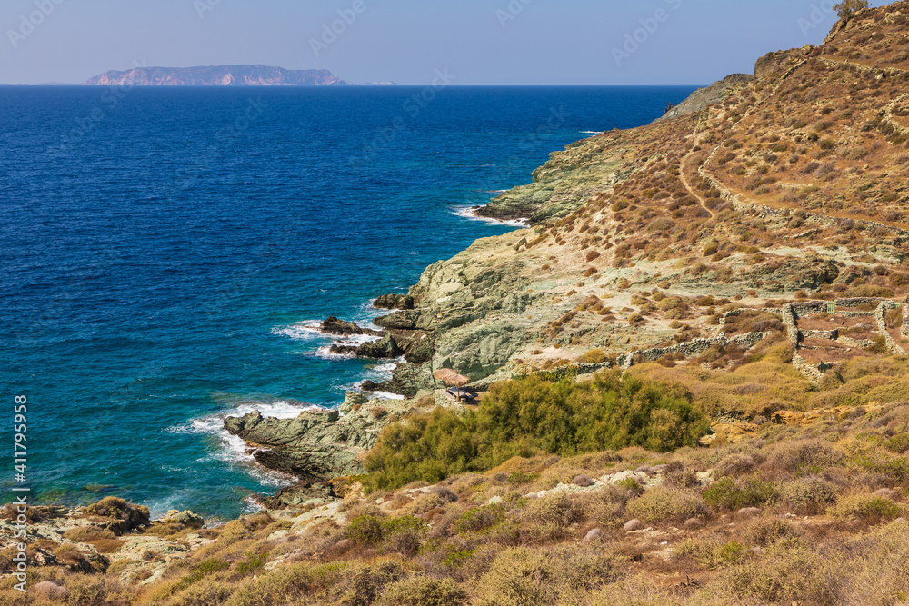 View of the coast of the island of Folegandros, Greece.