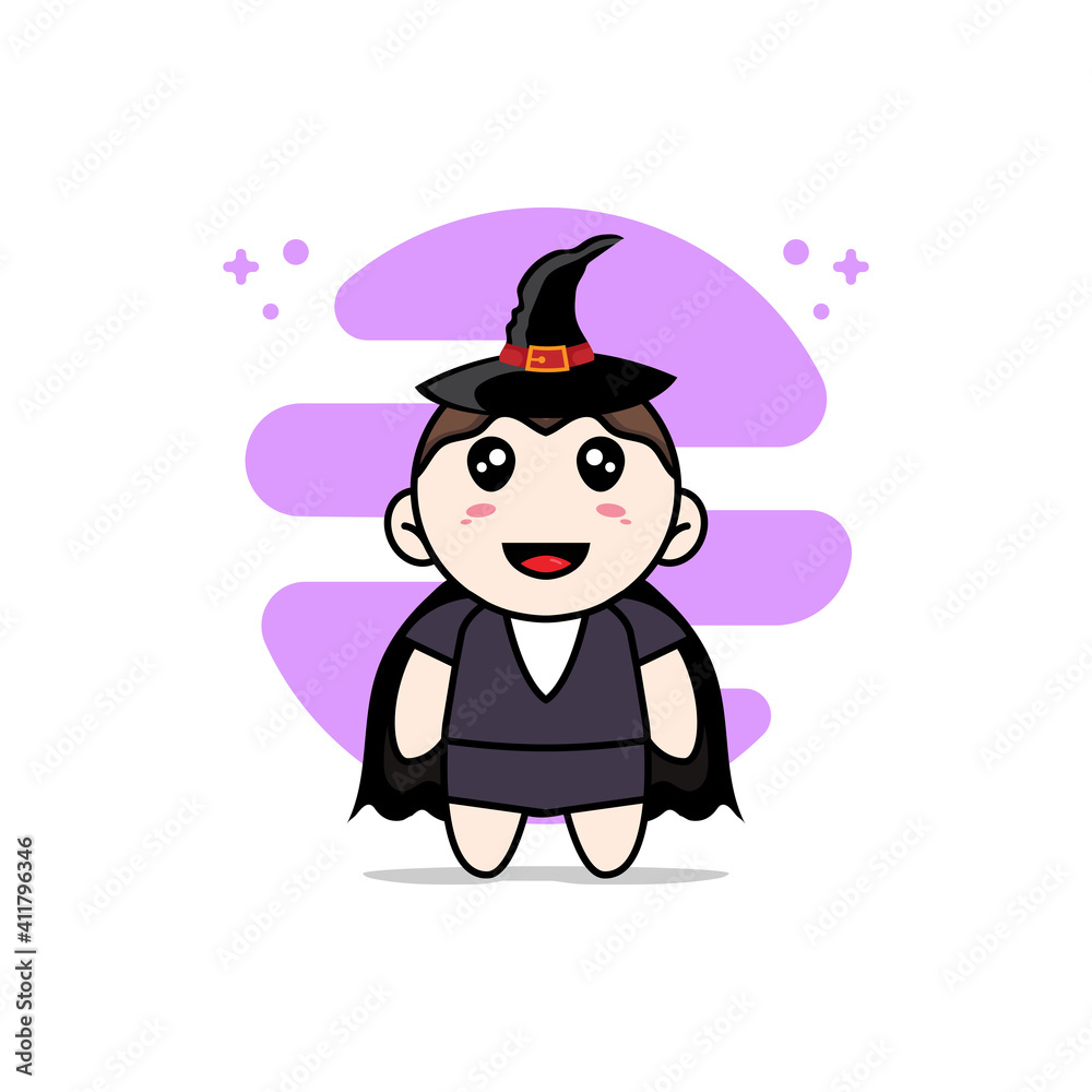 Cute business woman character wearing witch costume.