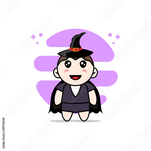 Cute business woman character wearing witch costume.