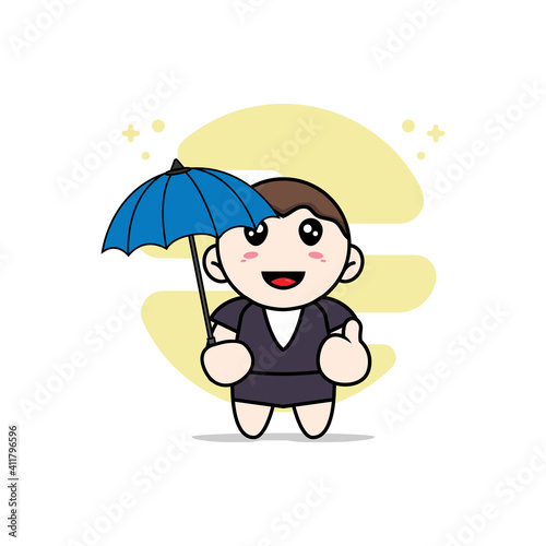 Cute business woman character holding a umbrella.