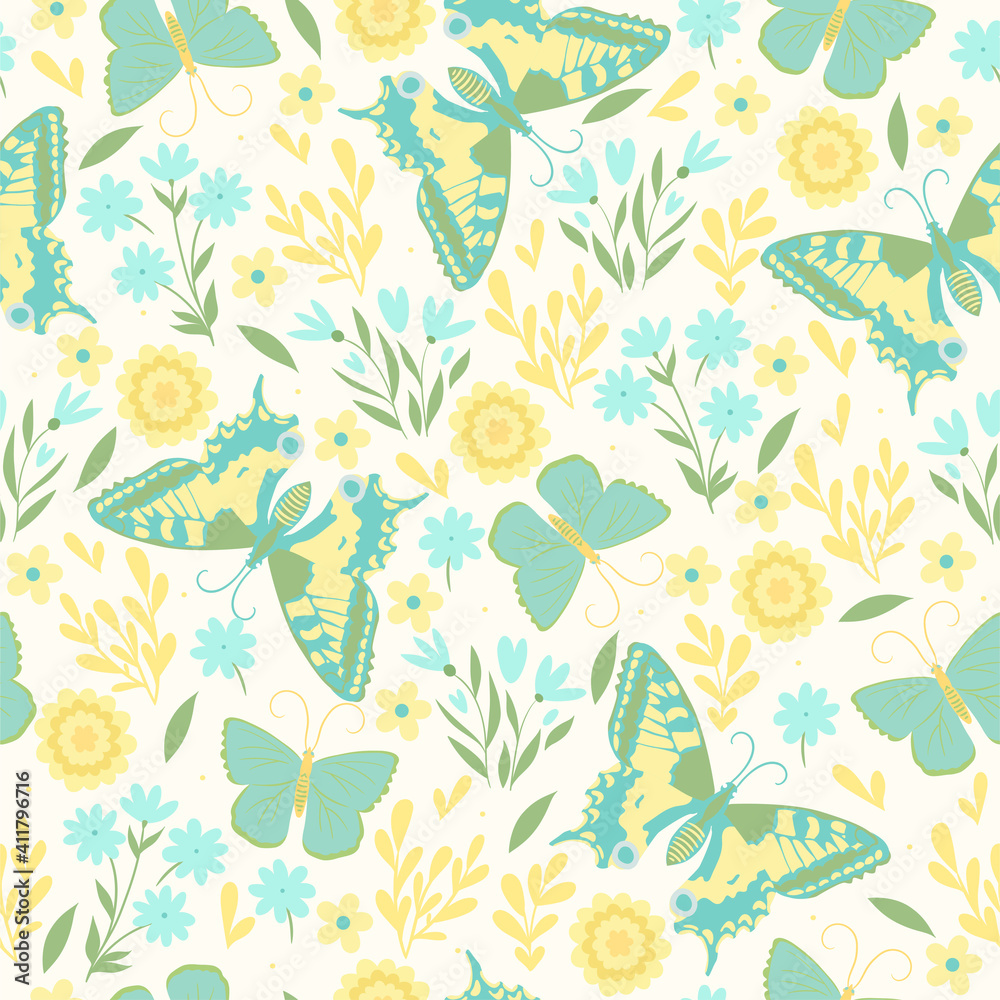Butterflies and flowers in pastel colors seamless pattern. Vector graphics.