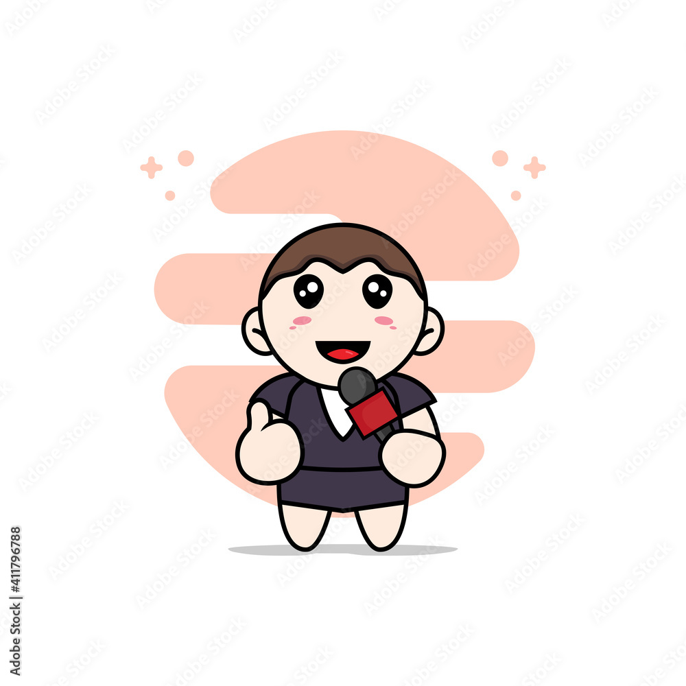 Cute business woman character holding a microphone.