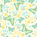 Butterflies and flowers in pastel colors seamless pattern. Vector graphics.