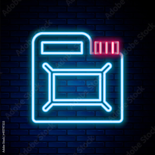 Glowing neon line Canister for motor machine oil icon isolated on brick wall background. Oil gallon. Oil change service and repair. Engine oil sign. Colorful outline concept. Vector.