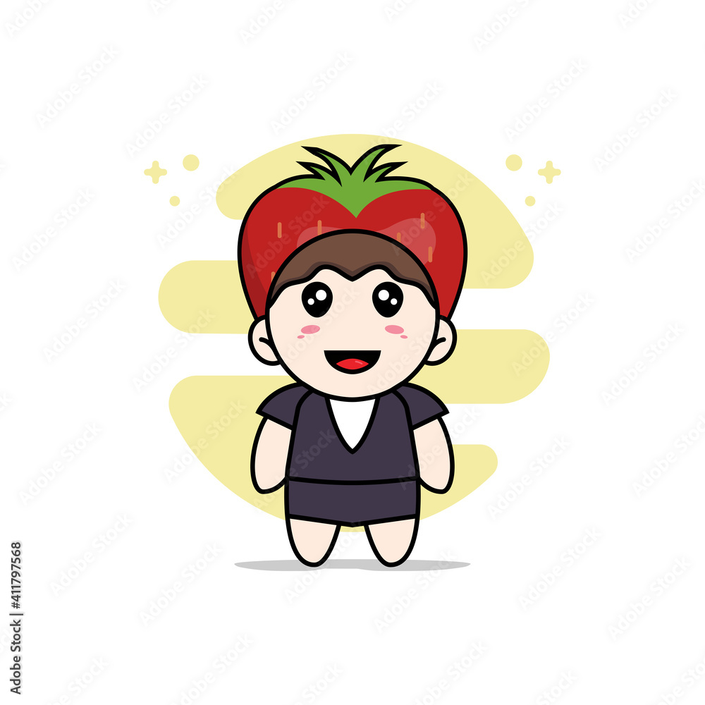 Cute business woman character wearing strawberry costume.