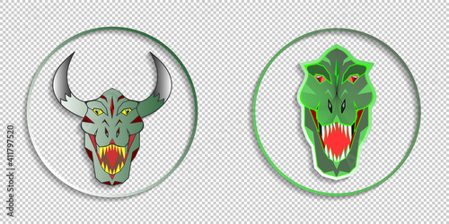Round icons with shadows. Head of a scary monster with horns. Toothy dinosaur muzzle. EPS10