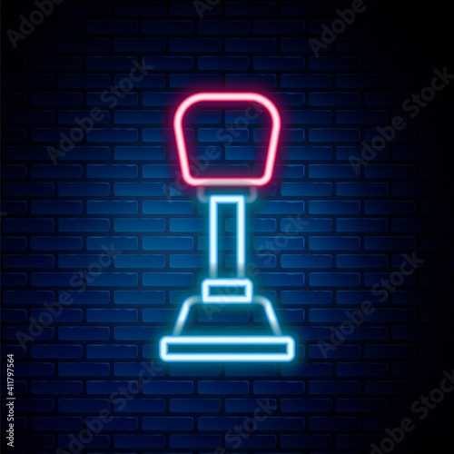 Glowing neon line Gear shifter icon isolated on brick wall background. Manual transmission icon. Colorful outline concept. Vector.