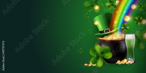 Horizontal St. Patrick's Day background with beer, leprechaun hat, rainbow, coins, trefoil clover, pot and riches. Vector illustration.Space for text