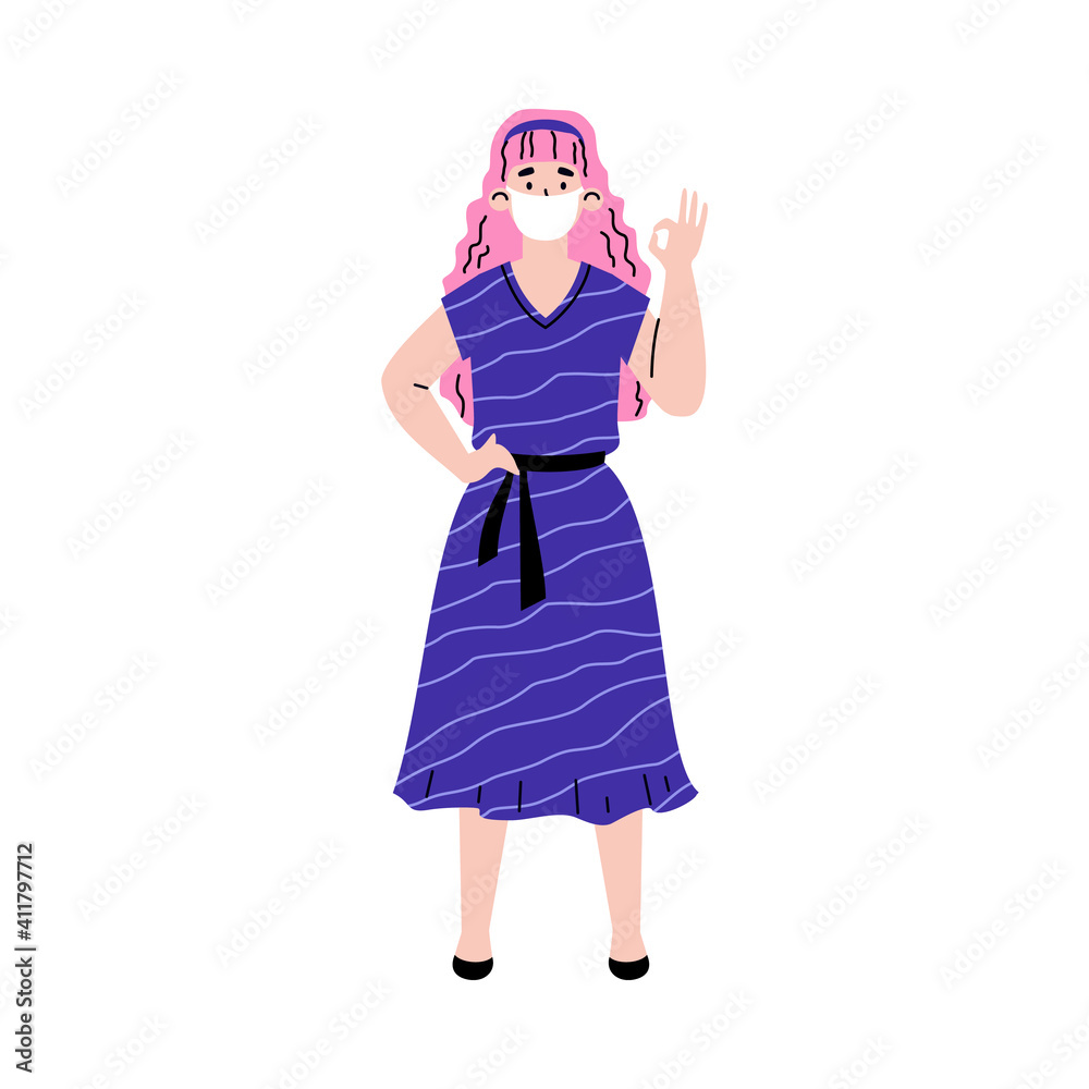 Young woman in medical mask raising her hand with OK gesture, flat cartoon vector illustration isolated on white background. Victory in fight with virus. Young woman in medical mask raising her hand with OK gesture, flat cartoon vector illustration isolated on white background. Victory in fight with virus.