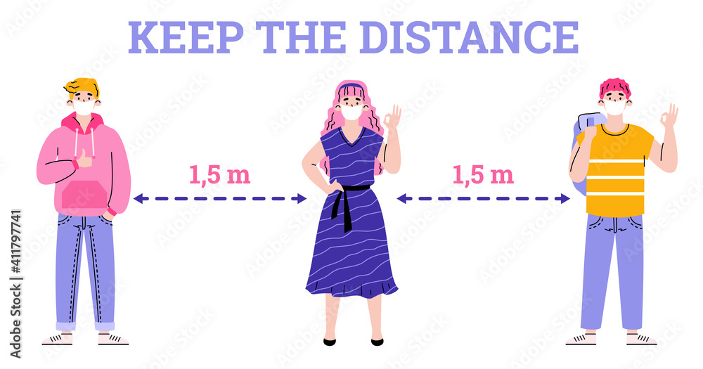 Social distancing concept. Safety of people health during pandemic coronavirus. Characters wearing medical mask keep distance for protects from viruses. Vector banner with text. Social distancing concept. Safety of people health during pandemic coronavirus. Characters wearing medical mask keep distance for protects from viruses. Vector banner with text.