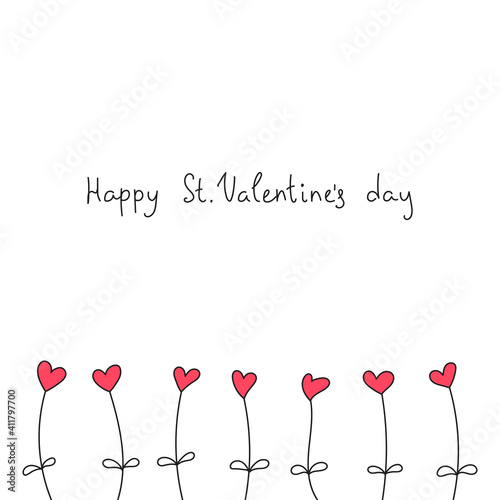Happy St. Valentines day. Cute doodle illustration of a red heart flowers and a hand written wish. St. Valentines Day concept. Can be used as a greeting card or invitation background. Vector 10 EPS.